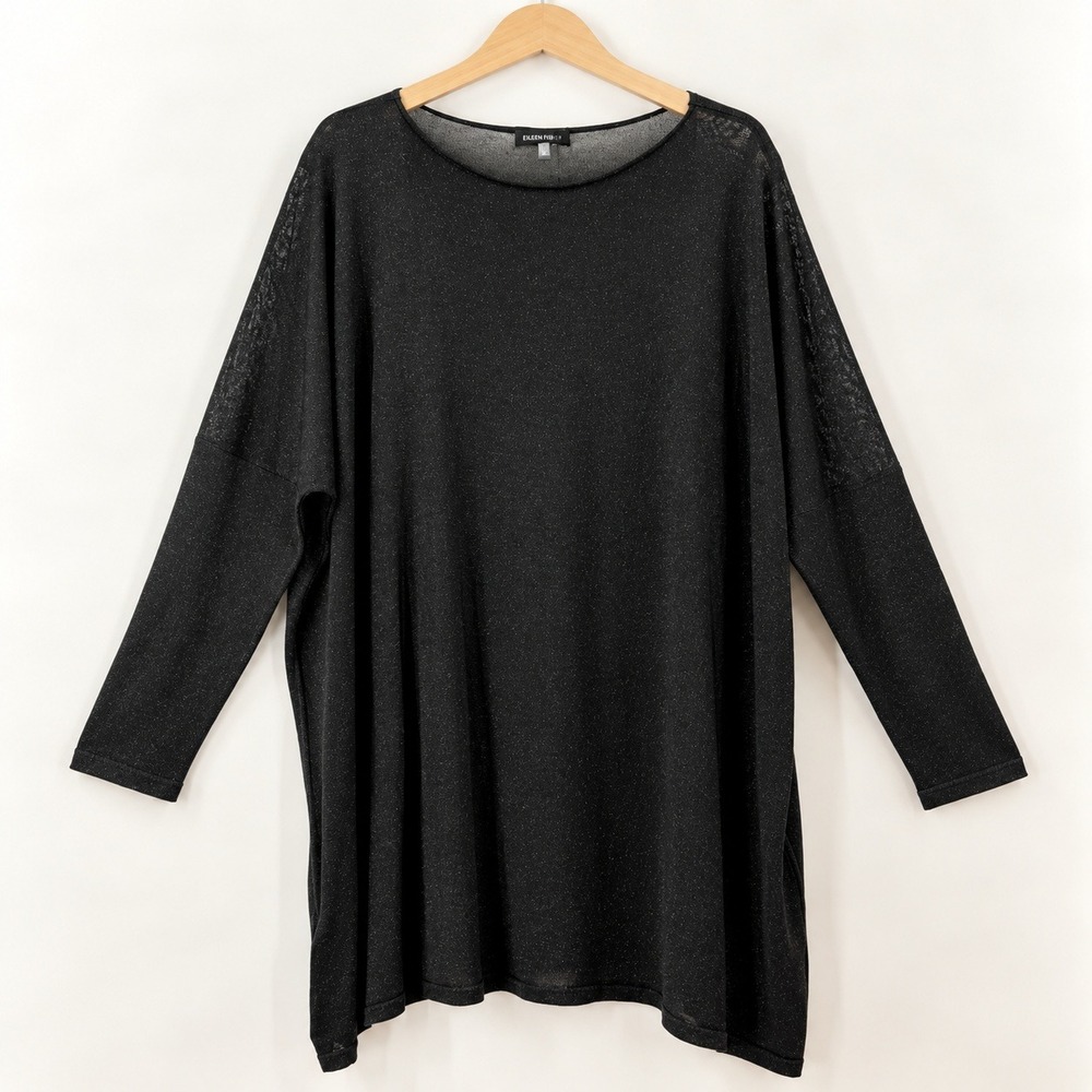 Eskandar Goth Glam Knit Kaftan Tunic Top Women 1 Black Glitzy Metallic Oversized